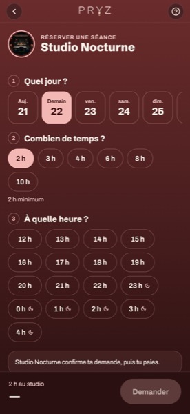 Réservation : jour, durée et heure parmi les créneaux libres